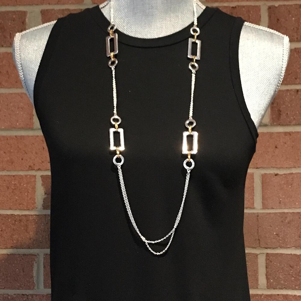 Ralph Lauren Signed Double Strand Silver & Gold Tone Geometric Modern Necklace.
